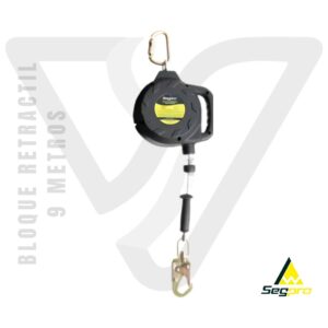 BLOQUE RETRACTIL 9 METROS SEGPRO con un cable que se despliega y retrae automáticamente.