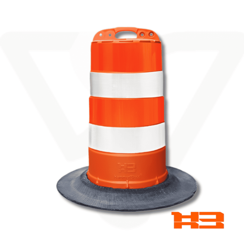 Cilindro Vial con Base de Caucho Cilindro Vial Base de Caucho Hammer Blocs de color naranja con cintas reflectivas de alta intensidad y base de caucho negro reciclado para seguridad vial.